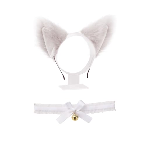 1 Stück Katzenohren-Stirnband Und 1 Stück Halsband, Süßes Plüsch-Stirnband, Kreatives Tier-Stirnband, Cosplay-Kostüm-Zubehör (Weiß) von YSJCHEBS
