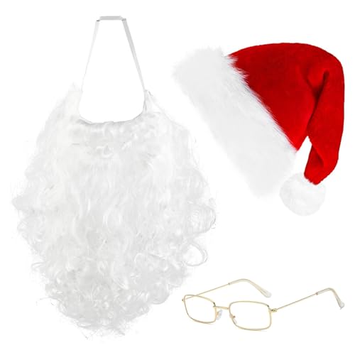 YSTJKD Weihnachtsmann-Kostüm Set, 3-teilig mit Bart, Mütze und Brille, Weihnachtsfeier Zubehör von YSTJKD