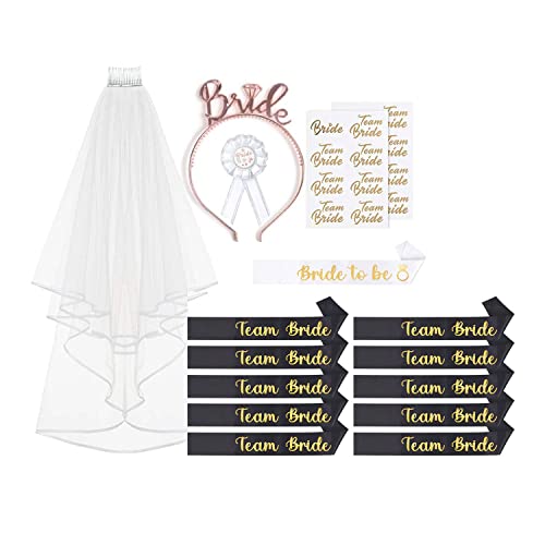YSUVIN 16PCS Deko Schärpe Set, Braut to Be und Team Bride Schärpe Set, Hen Party Decoration Setmit mit Tiara, Schleier, Tattoos, Abzeichen, Junggesellenabschied Frauen von YSUVIN