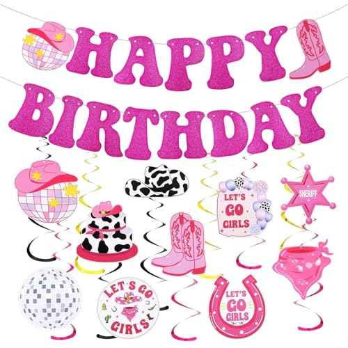 YSUY Disco Cowgirl-Party-Dekorationen – 22 Stück rosa Cowgirl-Geburtstagsdekorationen, Happy Birthday Banner, Y2K adrette hängende Wirbel und Wimpelkette für Frauen, Mädchen, Junggesellinnenabschied von YSUY