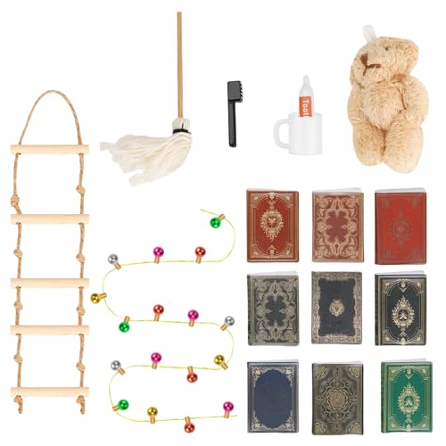 Miniatur Wichtel Zubehör, 16-teiliges Wichtelset mit Wichtel Lichterkette Strickleiter Miniatur Bücher Wichtel Zahnbürste Zahnpasta Mini Stoffbär Besen Puppenhaus Zubehör Weihnachten Deko von YSYZM