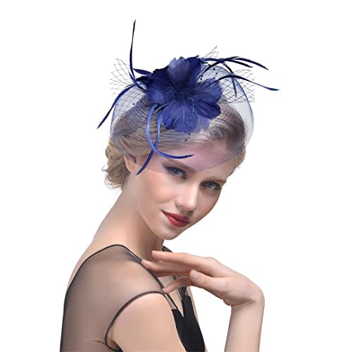 YTBHSHXZ， Fascinator Feder Kopfschmuck Garn Hut Stirnband Braut Kopfbedeckung Hut Cocktail Tee Party Kopfbedeckung(Navy Blue) von YTBHSHXZ