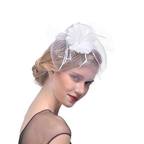 YTBHSHXZ， Fascinator Feder Kopfschmuck Garn Hut Stirnband Braut Kopfbedeckung Hut Cocktail Tee Party Kopfbedeckung(White) von YTBHSHXZ