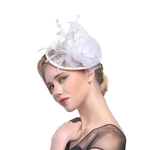 YTBHSHXZ， Fascinator Federn Kopfschmuck Cocktail Tea Party Kopfbedeckung Blume Mesh Kopfbedeckung Haarspange for Hochzeit(White) von YTBHSHXZ