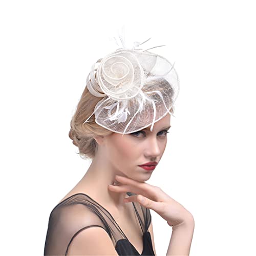 YTBHSHXZ， Fascinator-Hut for Damen, solides Netz, Blumenfedern, Hut, Stirnband, Haarspange, Cocktail-/Teeparty-Kopfbedeckung(White) von YTBHSHXZ
