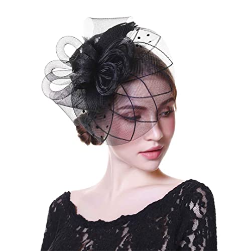 YTBHSHXZ， Fascinator Hut for Frauen Tee Party weißes Stirnband Hochzeit Cocktail Blume Mesh Federn Haarspange(Black) von YTBHSHXZ