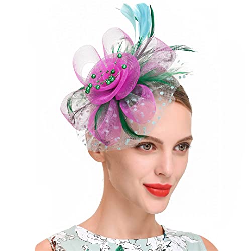 YTBHSHXZ， Fascinator for Damen, Blumen, Netzbänder, Federn, Hut, Kopfbedeckung oder Clip, Cocktail-/Teeparty-Kopfbedeckung(M) von YTBHSHXZ