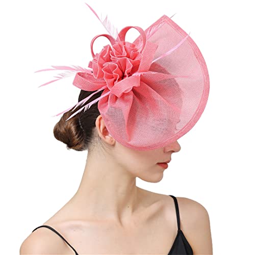 YTBHSHXZ， Feder Fascinator Hut Hochzeit Frauen Mesh Cocktail Haar Zubehör Tee Party Headwear for Party(Red) von YTBHSHXZ
