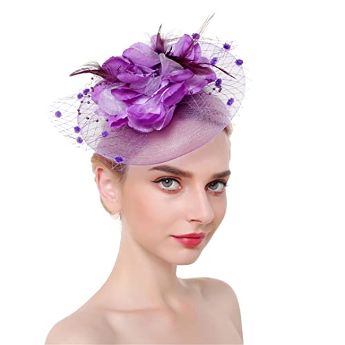 YTBHSHXZ， Feder Fascinator Stirnband Haar Clips Cocktail Solid Mesh for Frauen Haarnadeln Haar Band Kopfbedeckungen(Purple) von YTBHSHXZ