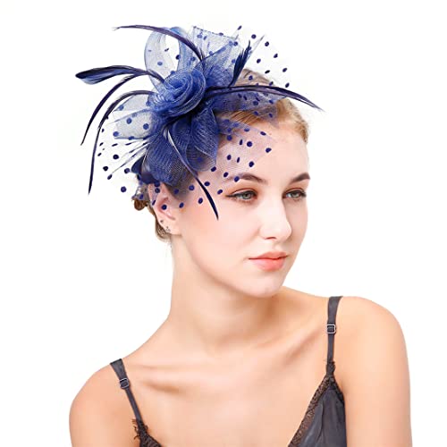 YTBHSHXZ， Federhut Mesh Kopfbedeckung Frauen Blumenbänder Stirnband Cocktail Tee Party Hochzeit Kirche Kopfbedeckung(Navy) von YTBHSHXZ