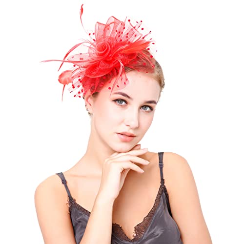 YTBHSHXZ， Federhut Mesh Kopfbedeckung Frauen Blumenbänder Stirnband Cocktail Tee Party Hochzeit Kirche Kopfbedeckung(Red) von YTBHSHXZ
