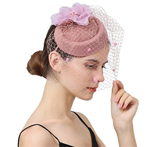 YTBHSHXZ， Frauen Fascinator Mit Gesichtsschleier Hochzeit Kopfbedeckung Braut Headpece Haar Clip Stirnband Party Fedora Kappe(Dark purple) von YTBHSHXZ