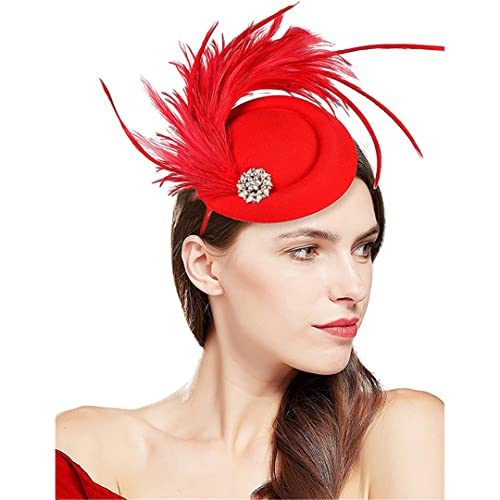 YTBHSHXZ， Frauen Hochzeit Fascinator Hut Feder Kopfbedeckung Party Damen Haar Clip Kopfschmuck Haar Zubehör(Red) von YTBHSHXZ