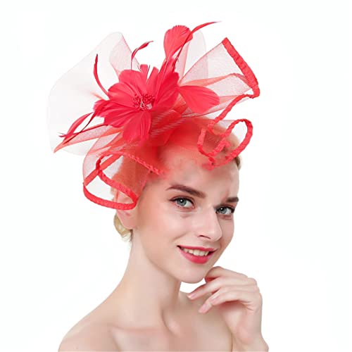 YTBHSHXZ， Frauen Hochzeit Kirche Kopfbedeckung Damen Hochzeit Fascinator Hut Haar Clip Party Abendessen Haar Zubehör(Red) von YTBHSHXZ
