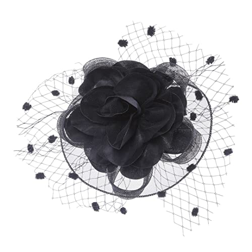 YTBHSHXZ， Frauen Mesh Fascinator Hut Hochzeit Kopfbedeckung Band Große Blume Einfarbig Schleier Hut Braut Haar Pins(Black) von YTBHSHXZ
