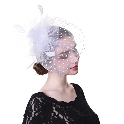 YTBHSHXZ， Frauen Phantasie Feder Party Hochzeit Kopfbedeckungen Fascinator Schleier Dot Print Garn Hüte Mit Clips(White) von YTBHSHXZ