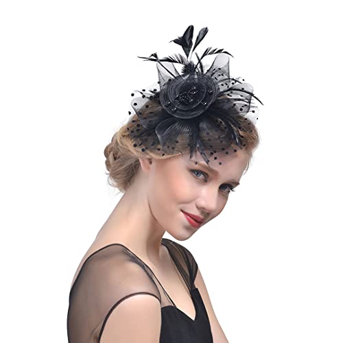 YTBHSHXZ， Hochzeit Kirche Blume Frauen Mesh Bänder Federn Stirnband Cocktail Tee Party Hut Kopfbedeckung(Black) von YTBHSHXZ