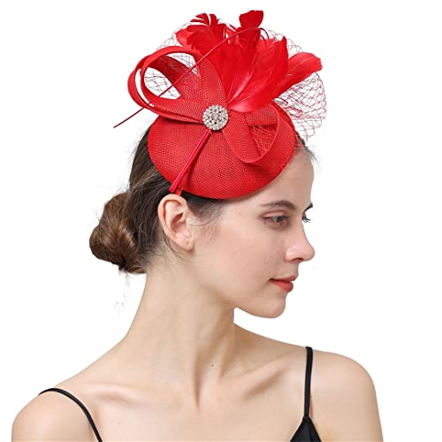 YTBHSHXZ， Hochzeit Kirche Fascinator Hut Frauen Party Kopfstück Damen Stirnband Haar Clip Tragen Headwear(Red) von YTBHSHXZ