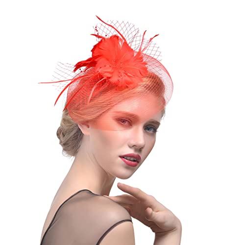 YTBHSHXZ， Hochzeit Kirche Frauen Blume Mesh Bänder Federn Stirnband Cocktail Tee Party Hut Mesh Kopfbedeckungen(Red) von YTBHSHXZ