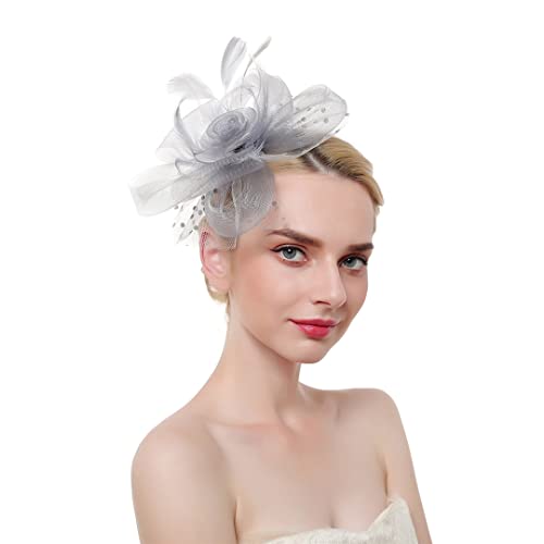 YTBHSHXZ， Hochzeit Kirche Frauen Blume Mesh Bänder Federn Stirnband Cocktail Tee Party Kopfbedeckungen(Grey) von YTBHSHXZ