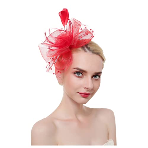 YTBHSHXZ， Hochzeit Kirche Frauen Blume Mesh Bänder Federn Stirnband Cocktail Tee Party Kopfbedeckungen(Red) von YTBHSHXZ