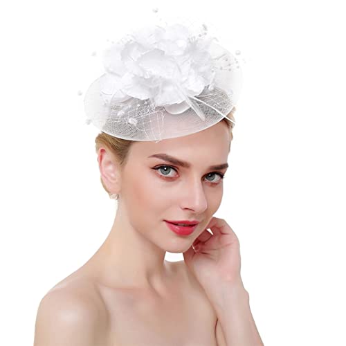 YTBHSHXZ， Hochzeit Kirche Frauen Blume Mesh Federn Stirnband Cocktail Tea Party Hut Kopfbedeckung(White) von YTBHSHXZ