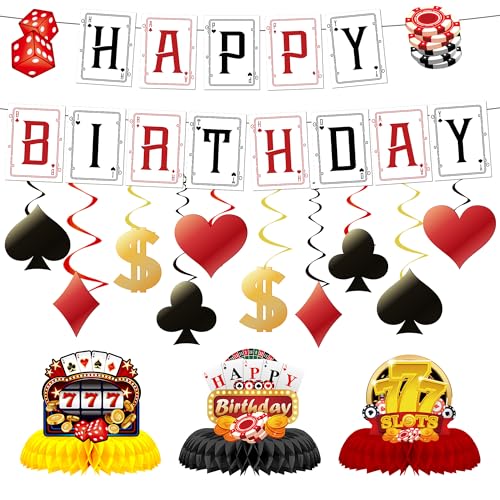 Casino-Themenparty-Dekorationsset – 15 Stück schwarz und gold Geburtstagsdekoration inklusive Poker Happy Birthday Banner Spaten hängende Wirbel Würfel Waben Mittelstück für Vegas Party Dekorationen von YTEWFGL