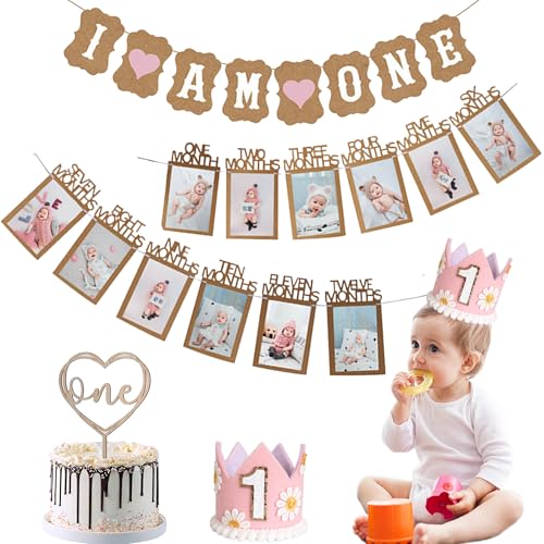 Dekoration zum 1. Geburtstag, rosa Banner – 4 Stück, Dekoration für den ersten Geburtstag, einschließlich "I Am One"-Banner, Kronenhut, Kuchenaufsatz für Babyparty, Partyzubehör Dekoration zum 1. Geburtstag, rosa Banner – 4 Stück, Dekoration für den ersten Geburtstag, einschließlich "I Am One"-Banner, Kronenhut, Kuchenaufsatz für Babyparty, Partyzubehör von YTEWFGL
