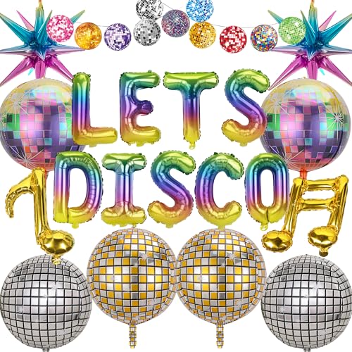 Disco-Party-Dekorationen, Tanzende Königin, Neon-Musik-Dekoration, inklusive Musik-Luftballons, glänzende Disco-Kugel, explodierende Sternballons für 70er-, 80er-Jahre-, Boogie-, Retro von YTEWFGL