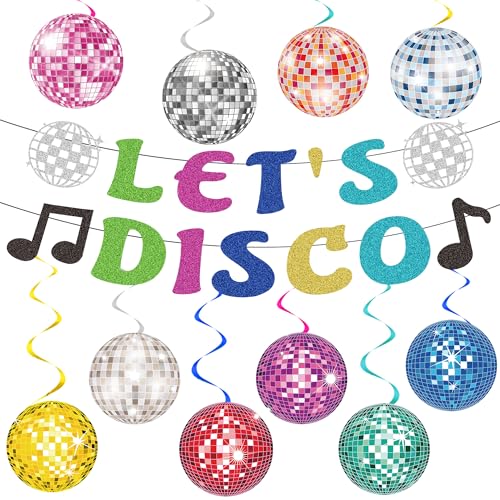 Discokugel-Party-Dekorationen, Banner – 10 Stück 70er-Jahre Disco-Kugel hängende Wirbel LETS DISCO-Buchstabenbanner, silberne Deckendekoration für Retro-Fieber-Party, Geburtstag, Hochzeit, Tanz, Musik von YTEWFGL