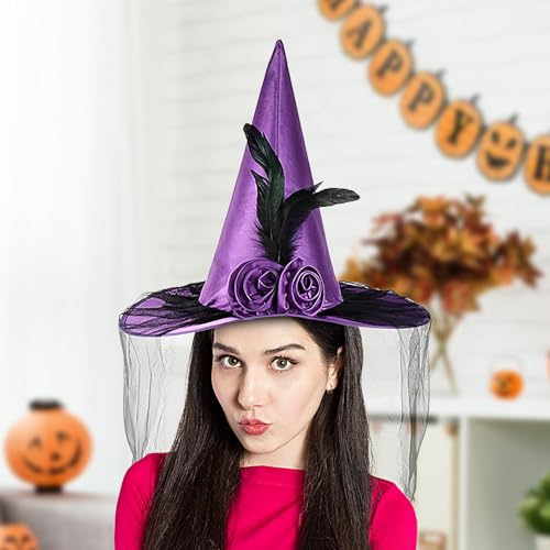 YTGOCN Hexenhüte Für Damen - Hexen Hut Mit Breiter Krempe Halbschleier Und Blume | Tragbares Halloween Kostümzubehör Für Damen Karneval Fantasy Festival YTGOCN Hexenhüte Für Damen - Hexen Hut Mit Breiter Krempe Halbschleier Und Blume | Tragbares Halloween Kostümzubehör Für Damen Karneval Fantasy Festival von YTGOCN