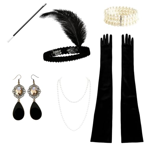 1920er Jahre Accessoires für Damen, 6-teiliges Great Gatsby Zubehör-Set, Flapper-Kleider, 1920er-Jahre-Kostüm, Vintage-Perlenkette, Feder-Kopfschmuck, schwarze Handschuhe, perfekt für brüllende 1920er Jahre Accessoires für Damen, 6-teiliges Great Gatsby Zubehör-Set, Flapper-Kleider, 1920er-Jahre-Kostüm, Vintage-Perlenkette, Feder-Kopfschmuck, schwarze Handschuhe, perfekt für brüllende von YTPAFK