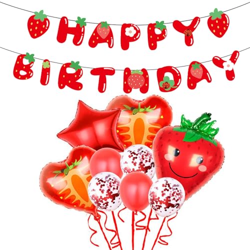 22-teiliges Erdbeer-Ballon-Set, Erdbeer-Dekorationen mit Luftballons, Rolle das Band, Banner und Trinkhalm für süße Mädchen, Beeren-Thema, Geburtstag, Babyparty, Partyzubehör 22-teiliges Erdbeer-Ballon-Set, Erdbeer-Dekorationen mit Luftballons, Rolle das Band, Banner und Trinkhalm für süße Mädchen, Beeren-Thema, Geburtstag, Babyparty, Partyzubehör von YTPAFK