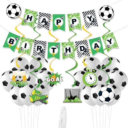 Fußball-Geburtstagsdekorationen, Fußball-Party-Dekorationen, Fußball-Geburtstagsbanner mit 24 Fußballballons, Fußball-Party (Fußballbanner + 24 Luftballons + 1 Rolle Band + 6 Fußballspiralen) von YTPAFK