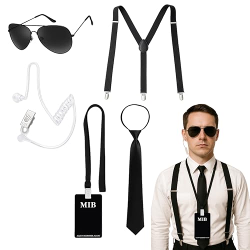 YTPAFK Herren in Schwarz Kostüm Zubehör, 5-teiliges Spionage-Set für Rollenspiele, inklusive Krawatte, Abzeichen, Ohrstück, Hosenträgern, perfekt für Halloween, Cosplay, Mottopartys YTPAFK Herren in Schwarz Kostüm Zubehör, 5-teiliges Spionage-Set für Rollenspiele, inklusive Krawatte, Abzeichen, Ohrstück, Hosenträgern, perfekt für Halloween, Cosplay, Mottopartys von YTPAFK