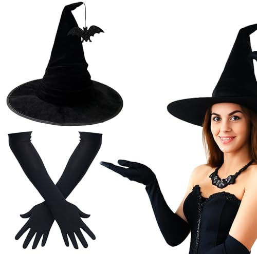YTPAFK Hexenhut, 2-teiliges Hexenkostüm-Set mit schwarzen Handschuhen und Knautschsamt-Hut mit Fledermaus-Charm, Hexenkostüm Erwachsene für Halloween-Partys, Cosplay-Events, Theateraufführungen YTPAFK Hexenhut, 2-teiliges Hexenkostüm-Set mit schwarzen Handschuhen und Knautschsamt-Hut mit Fledermaus-Charm, Hexenkostüm Erwachsene für Halloween-Partys, Cosplay-Events, Theateraufführungen von YTPAFK