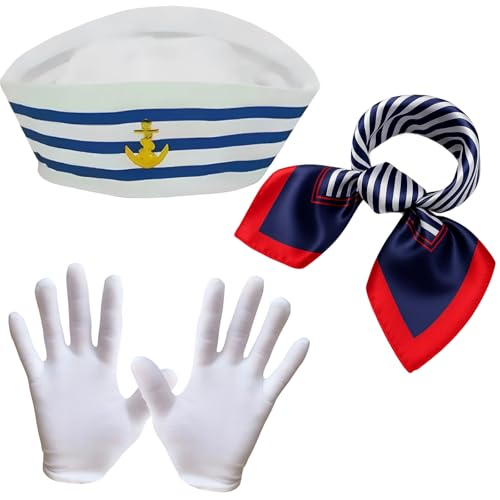 YTPAFK Matrosenmütze, 3-teiliges nautisches Kostümzubehör-Set mit Handschuhen und Schal, perfekt für Matrosen-Kostüm, Matrosen-Kostüm, Cosplay, Mottoparty, Rollenspiele YTPAFK Matrosenmütze, 3-teiliges nautisches Kostümzubehör-Set mit Handschuhen und Schal, perfekt für Matrosen-Kostüm, Matrosen-Kostüm, Cosplay, Mottoparty, Rollenspiele von YTPAFK