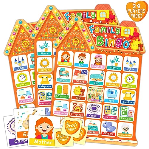 YTSQLER Familien-Bingo-Spiel, 24 Spieler, Heim-Bingo-Spiele für Familientreffen, Kinder-Bingo-Karten, Familienaktivität, Party, Bingo-Spielzubehör, Gelb von YTSQLER