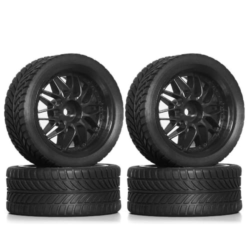 YTrBXZ 1/10 RC Car Rally Racing Wheels Reifen 12mm Sechskant auf Straßenkautschukreifen kompatibel mit I -Modellen wie XV02 XV01 TA06 TT01 TT02 PTG2(Black) von YTrBXZ