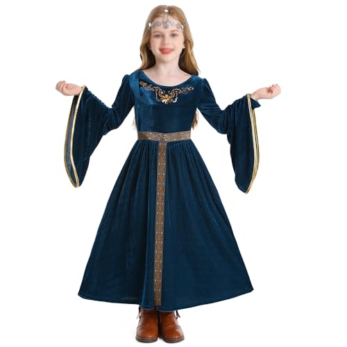 Prinzessin Kostüm Kleid Retro Mittelalter Rollenspiel Kleid Mädchen Urlaub Party Cosplay Kostüm (UK Alter 9 Jahre Regular, Blau) von YUDATPG