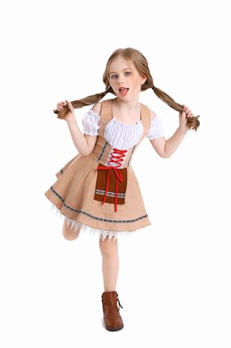 YUDATPG Deutsches Dirndlkleid für Kinder, schulterfrei, Oktoberfest, Biermädchen-Kostüm, traditionelles deutsches bayerisches Dirndlkleid für Mädchen, Cosplay-Kleid (Braun, XL) von YUDATPG