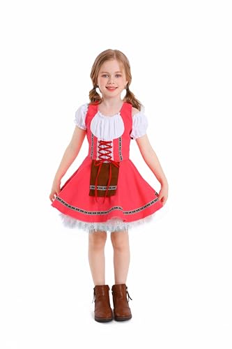 YUDATPG Deutsches Dirndlkleid für Kinder, schulterfrei, Oktoberfest, Biermädchen-Kostüm, traditionelles deutsches bayerisches Dirndlkleid für Mädchen, Cosplay-Kleid (Rosa, L) von YUDATPG