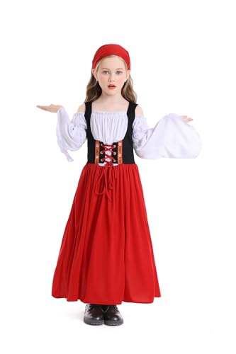 YUDATPG Kinder Oktoberfest Bierkostüme Deutsch Bayerisch Traditionelle Mädchen Oktober Fest Dirndl Langes Kleid für Mädchen Party Kostüme (Rot, L) von YUDATPG
