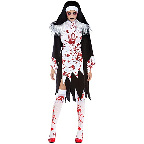 YUDATPG Nonne Halloween-Kostüm für Erwachsene, schwarzer Priester, traditionelles Nonne, Cosplay-Kostüm, Gothic, Damenkleid, Wimple, Blutmantel mit blutbefleckten hohen Socken, Zombie Bite Party von YUDATPG