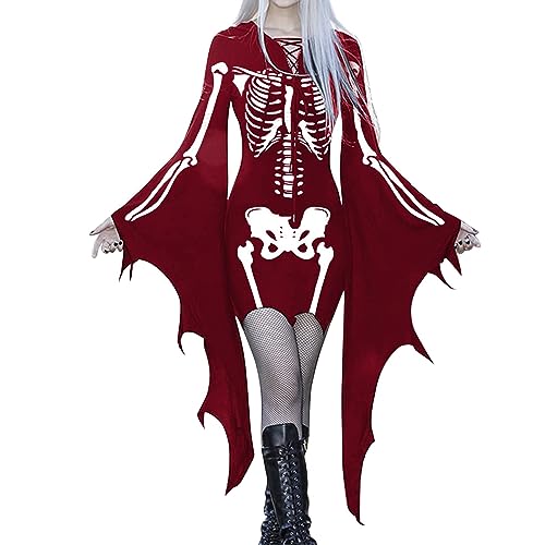 YUE Damen Halloween Kostüm Gruselige Fledermausärmel Kleider Festlich Retro Kleid Cosplay Kostüm Halloween Kostüm Böse Abendkleid Schwarze Robe (Red, L) von YUE