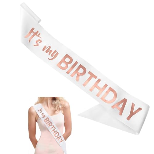Schärpe "It's My Birthday" mit Rotgoldfolie – weiches Satin-Weiß Geburtstagsschärpe für Frauen – Partyzubehör und Dekorationen für süße 16, 18., 21., 30., 40., 50. oder jede Happy Bday Party Schärpe "It's My Birthday" mit Rotgoldfolie – weiches Satin-Weiß Geburtstagsschärpe für Frauen – Partyzubehör und Dekorationen für süße 16, 18., 21., 30., 40., 50. oder jede Happy Bday Party von YUEHNEOM