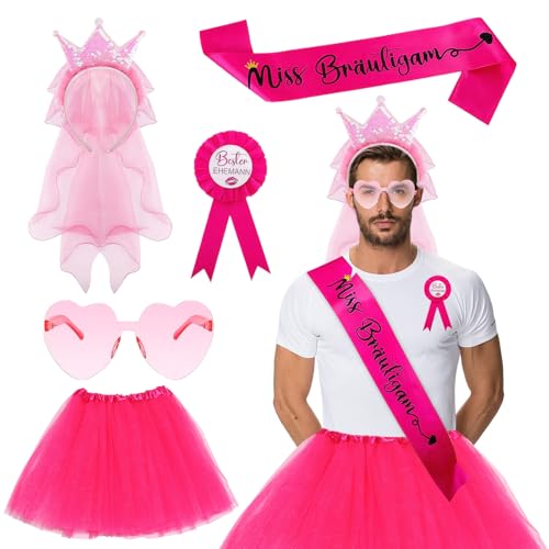 JGA Männer Kostüm Set, Junggesellenabschied Männer Outfit mit Miss Bräutigam Schärpe, Paillettenkrone Schleier Haarband, Rosa Herz-Sonnenbrille & tütü männer, Lustige Kostüme für Polterabend JGA Männer Kostüm Set, Junggesellenabschied Männer Outfit mit Miss Bräutigam Schärpe, Paillettenkrone Schleier Haarband, Rosa Herz-Sonnenbrille & tütü männer, Lustige Kostüme für Polterabend von YUEIODDKL