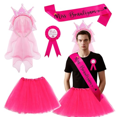Junggesellenabschied Männer Kostüm Set, JGA Kostüm Männer mit Miss Bräutigam Schärpe, Ehemann Abzeichen, Paillettenkrone Schleier Haarband & Rosa Tütü Männers, Lustige Kostüme für Polterabend von YUEIODDKL