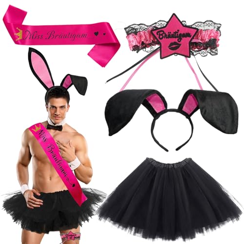 YUEIODDKL JGA Männer Kostüm Set, Junggesellenabschied Männer Outfit mit Miss Bräutigam Schärpe, Kaninchenohrstirnband, strumpfband & Schwarz Tütü Männers, Lustige Kostüme für Polterabend halloween von YUEIODDKL