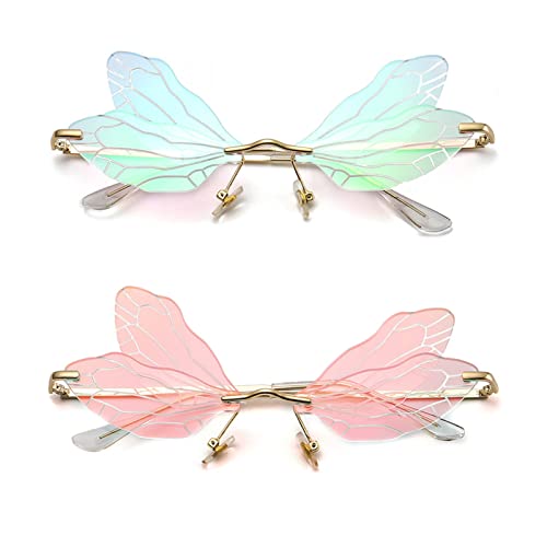 YUELUQU Mode Rimless Dragonfly Schmetterling Flügel Sonnenbrille Party Cosplay niedliche lustige Gläser (Spiegelrot+grün) von YUELUQU